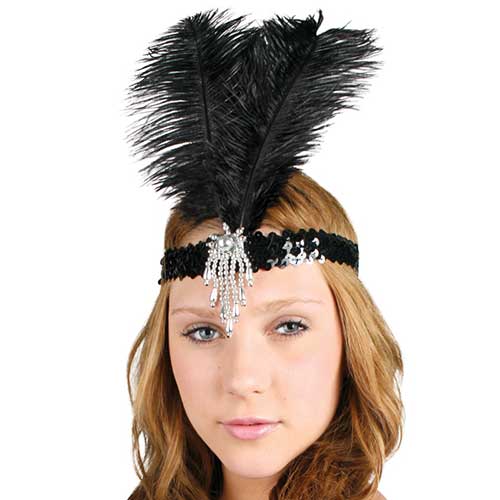 Flapper Black Sequin Headband with Black Feather Costume World