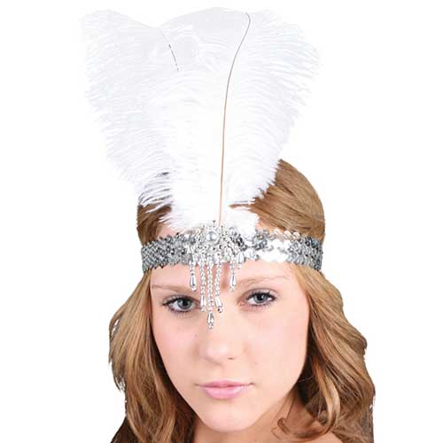 Flapper Silver Sequin Headband with White Feather Costume World