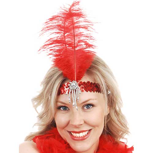 Flapper Red Sequin Headband with Red Feather Costume World